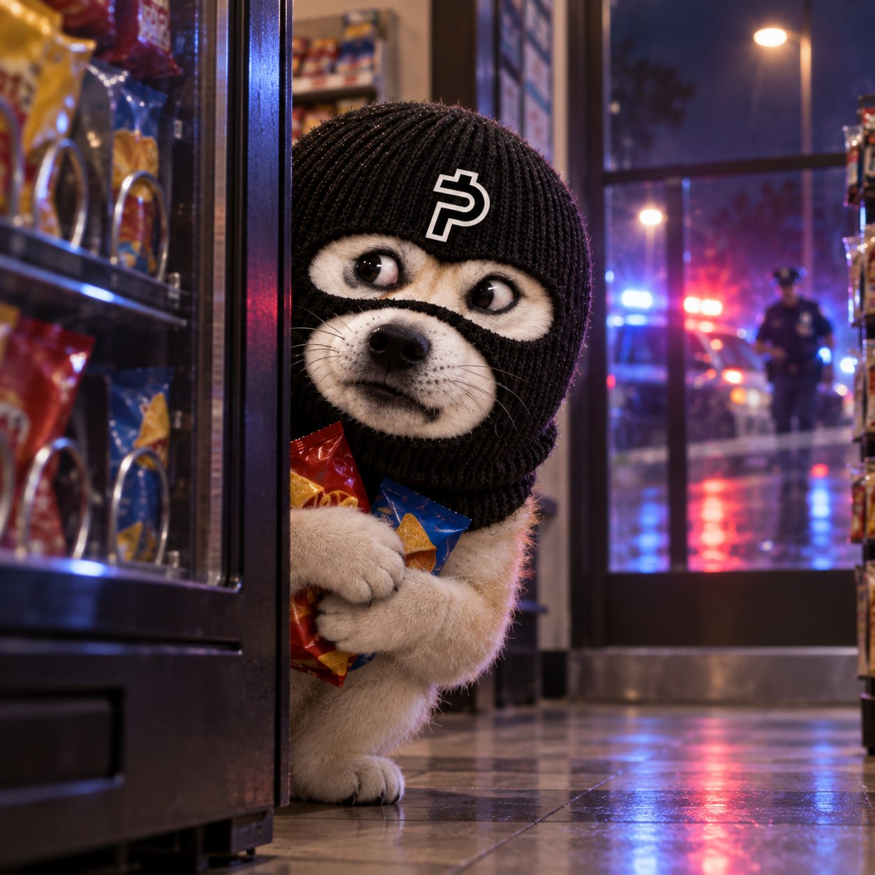 The masked $DIDNTPAY shiba caught mid-heist with stolen snacks as police lights flash outside